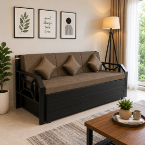 Metal Sofa Cumbed With Black Coating & Brown Mattress With Hydraulic Storage