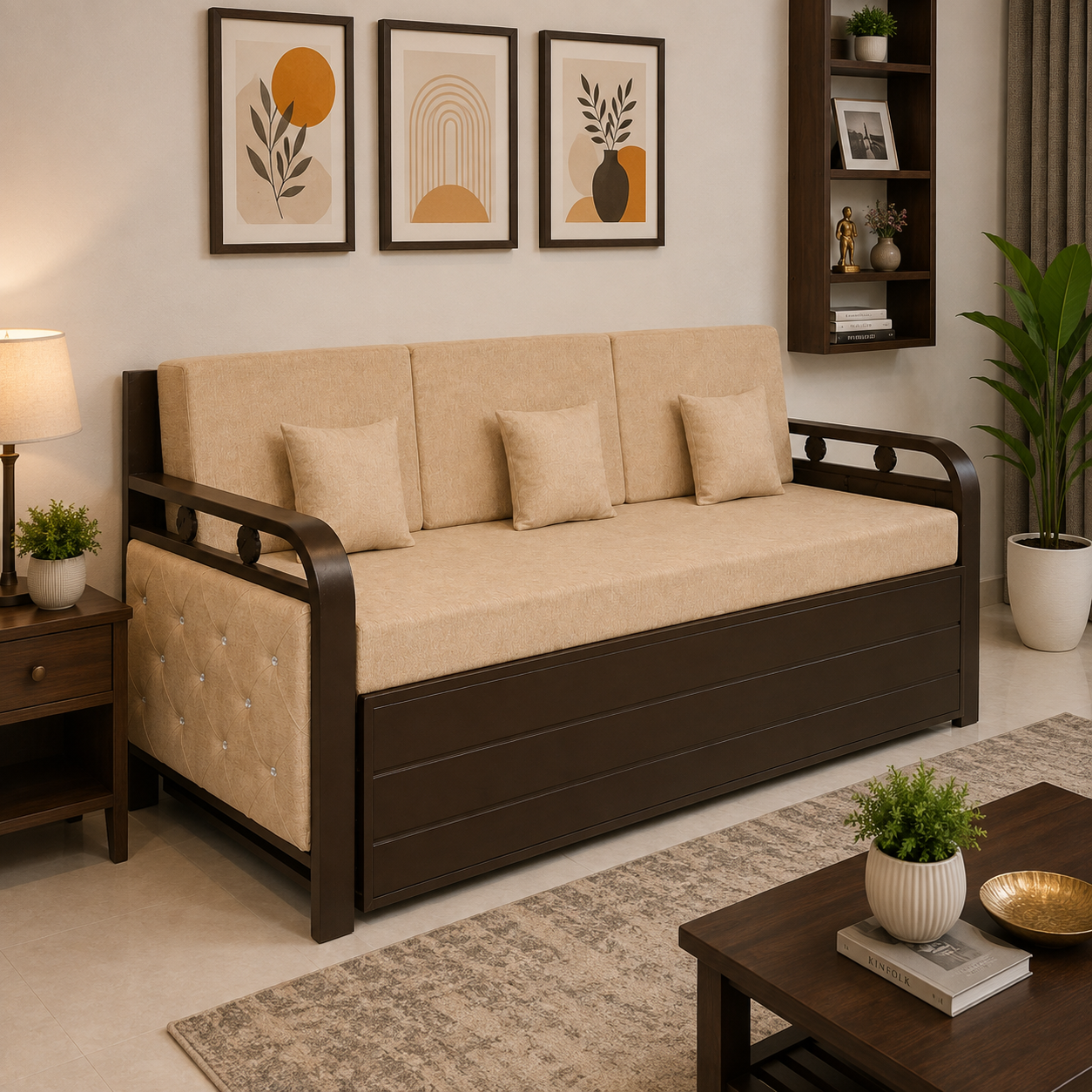 Metal Sofa Cumbed With Brown Coating & Beige Mattress With Hydraulic Storage
