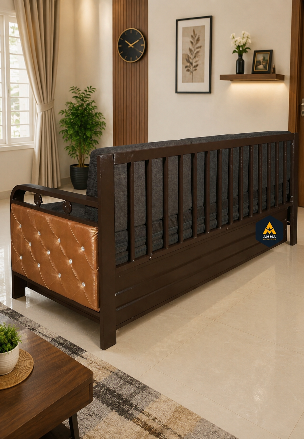 Metal Sofa Cumbed With Hydraulic Storage | Brown Finish | Brown Mattress - Image 5