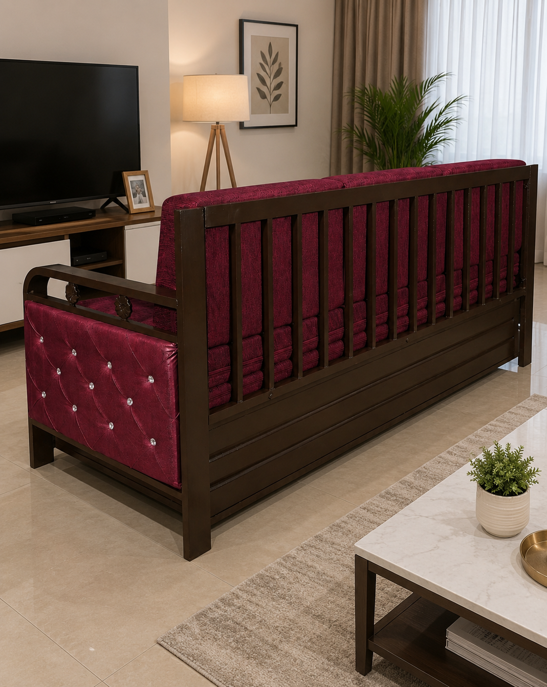 Metal Sofa Cumbed With Brown Coating & Maroon Mattress With Hydraulic Storage - Image 5