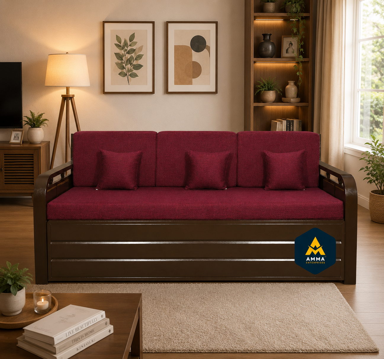 Metal Sofa Cumbed With Brown Coating & Maroon Mattress With Hydraulic Storage - Image 2