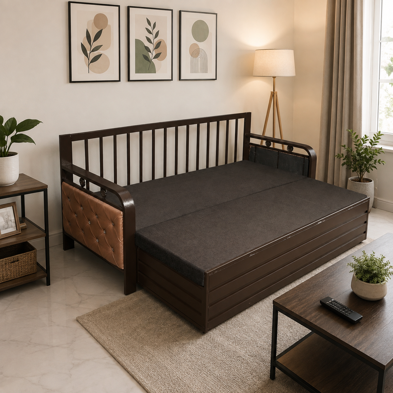 Metal Sofa Cumbed With Hydraulic Storage | Brown Finish | Brown Mattress - Image 4