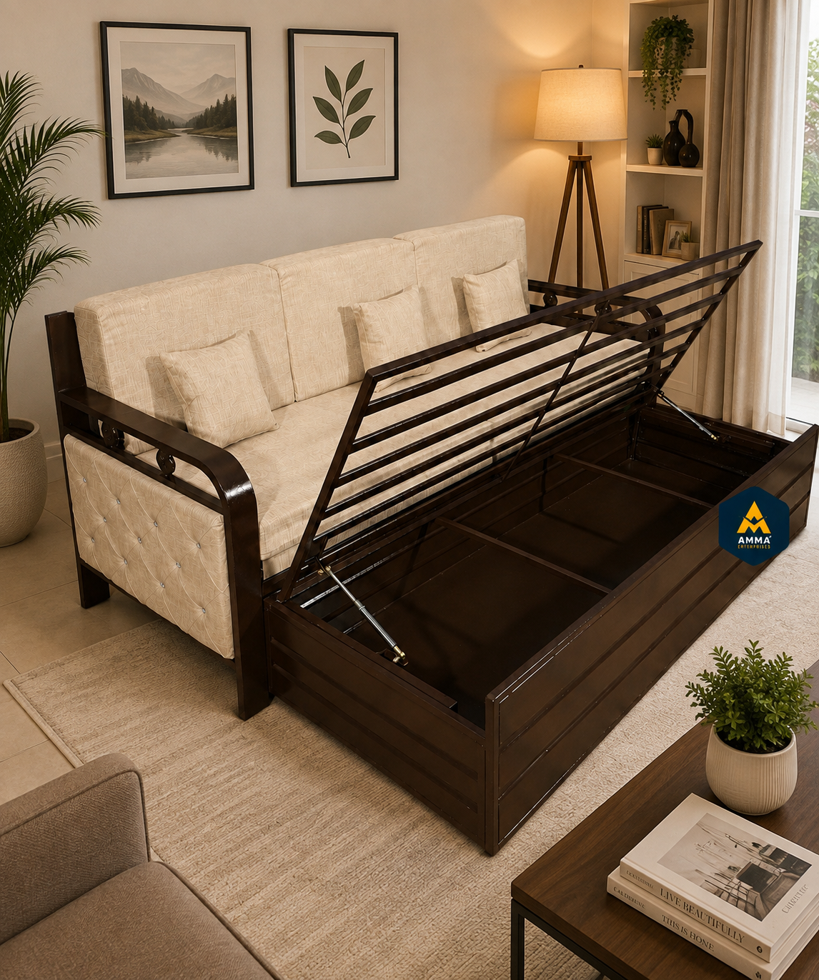 Metal Sofa Cumbed With Brown Coating & Beige Mattress With Hydraulic Storage - Image 4