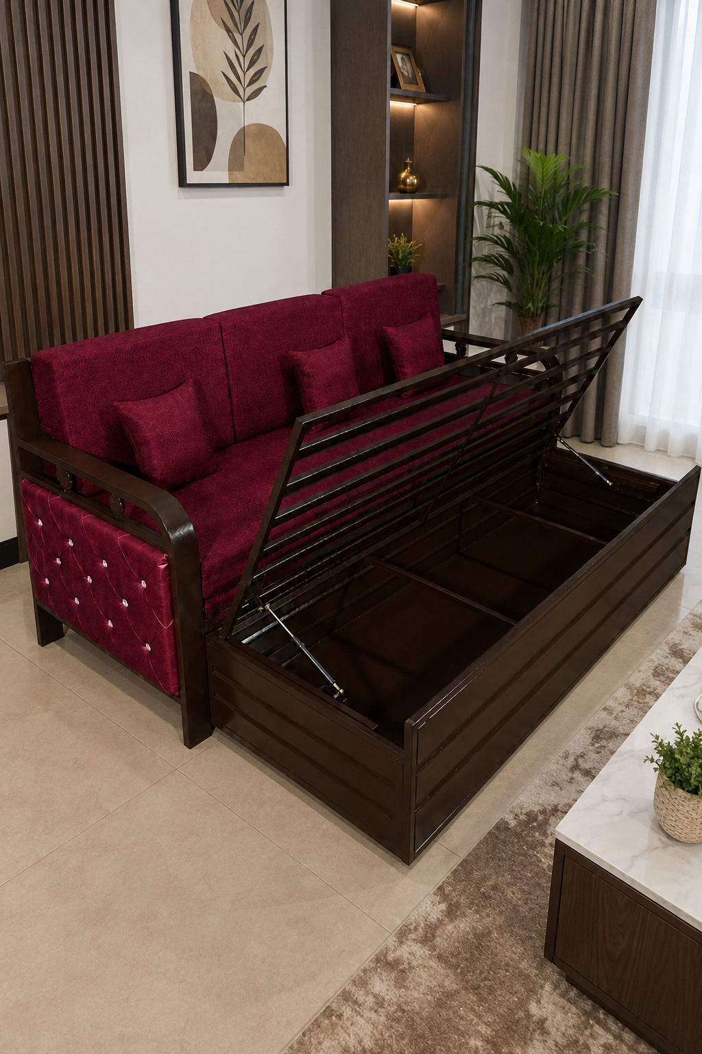 Metal Sofa Cumbed With Brown Coating & Maroon Mattress With Hydraulic Storage - Image 3
