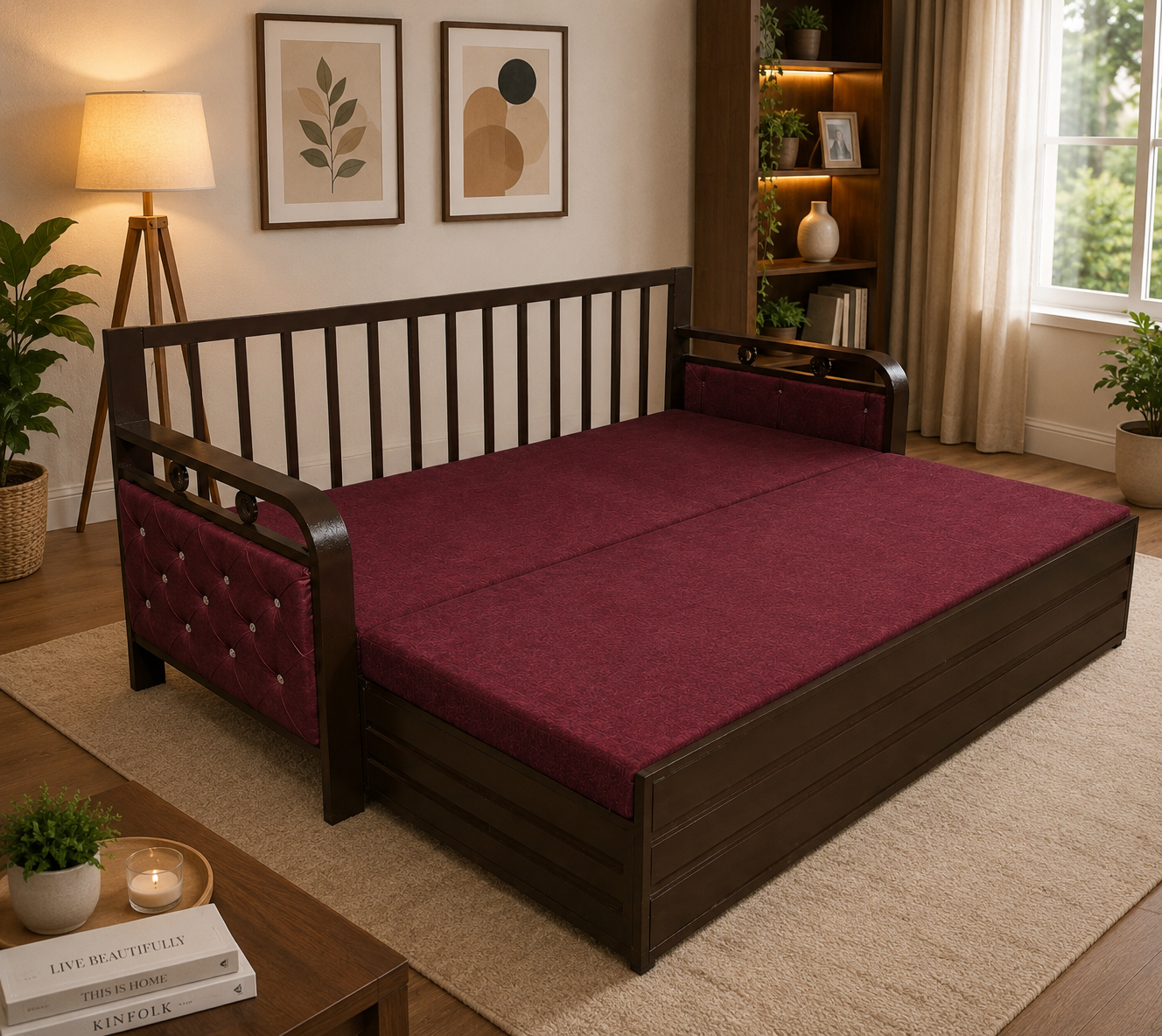 Metal Sofa Cumbed With Brown Coating & Maroon Mattress With Hydraulic Storage - Image 4