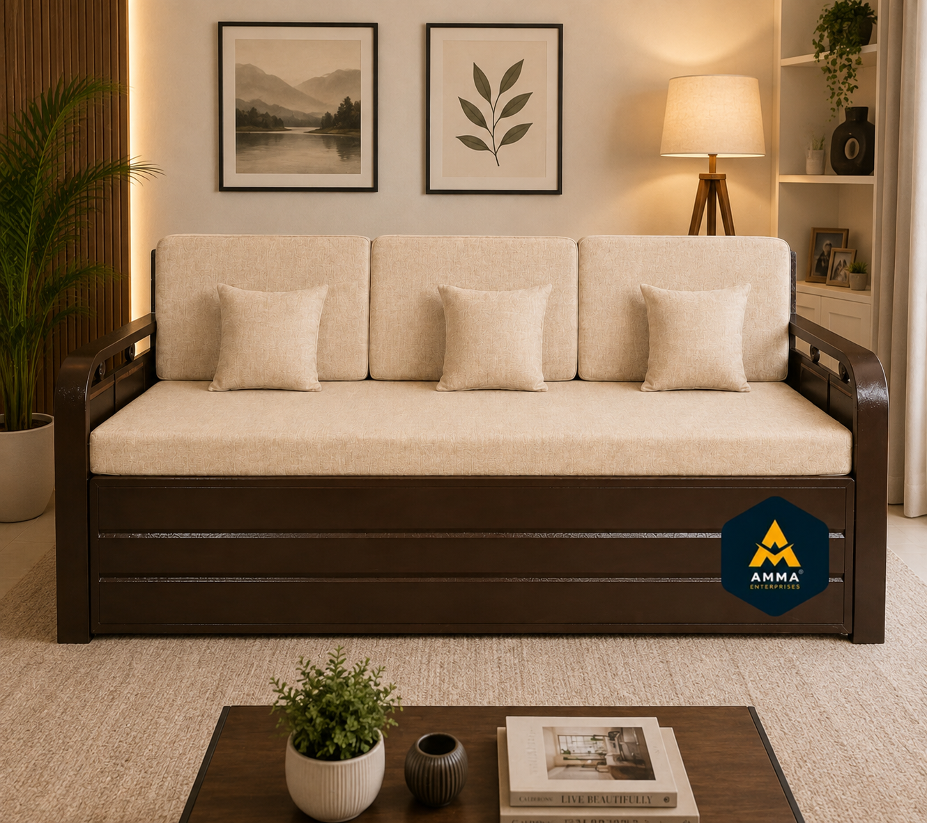 Metal Sofa Cumbed With Brown Coating & Beige Mattress With Hydraulic Storage - Image 2