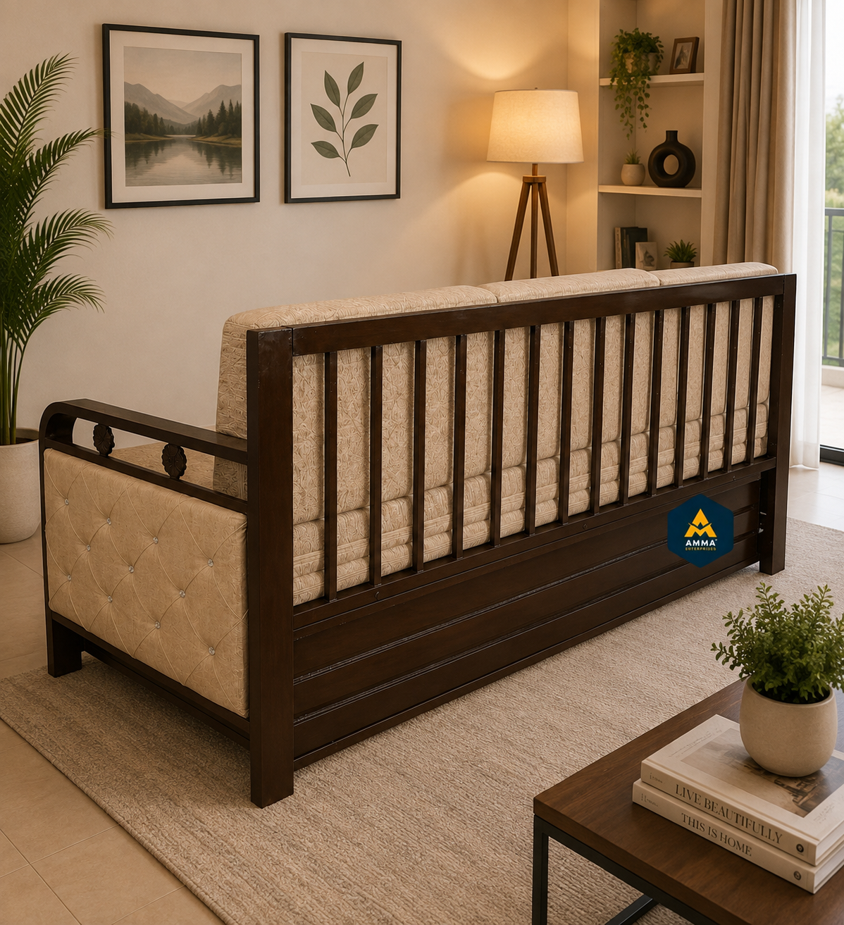 Metal Sofa Cumbed With Brown Coating & Beige Mattress With Hydraulic Storage - Image 5