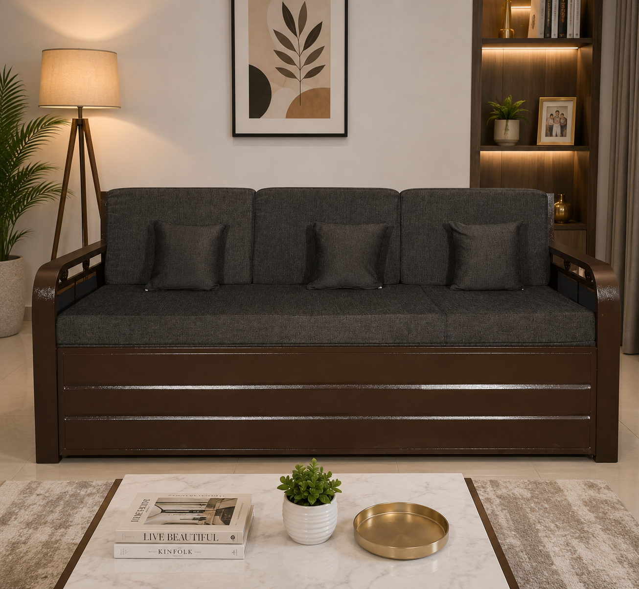 Metal Sofa Cumbed With Hydraulic Storage | Brown Finish | Brown Mattress - Image 2