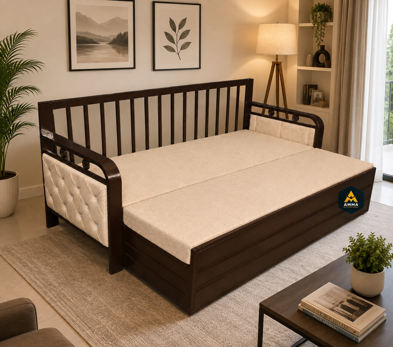 Metal Sofa Cumbed With Brown Coating & Beige Mattress With Hydraulic Storage - Image 3