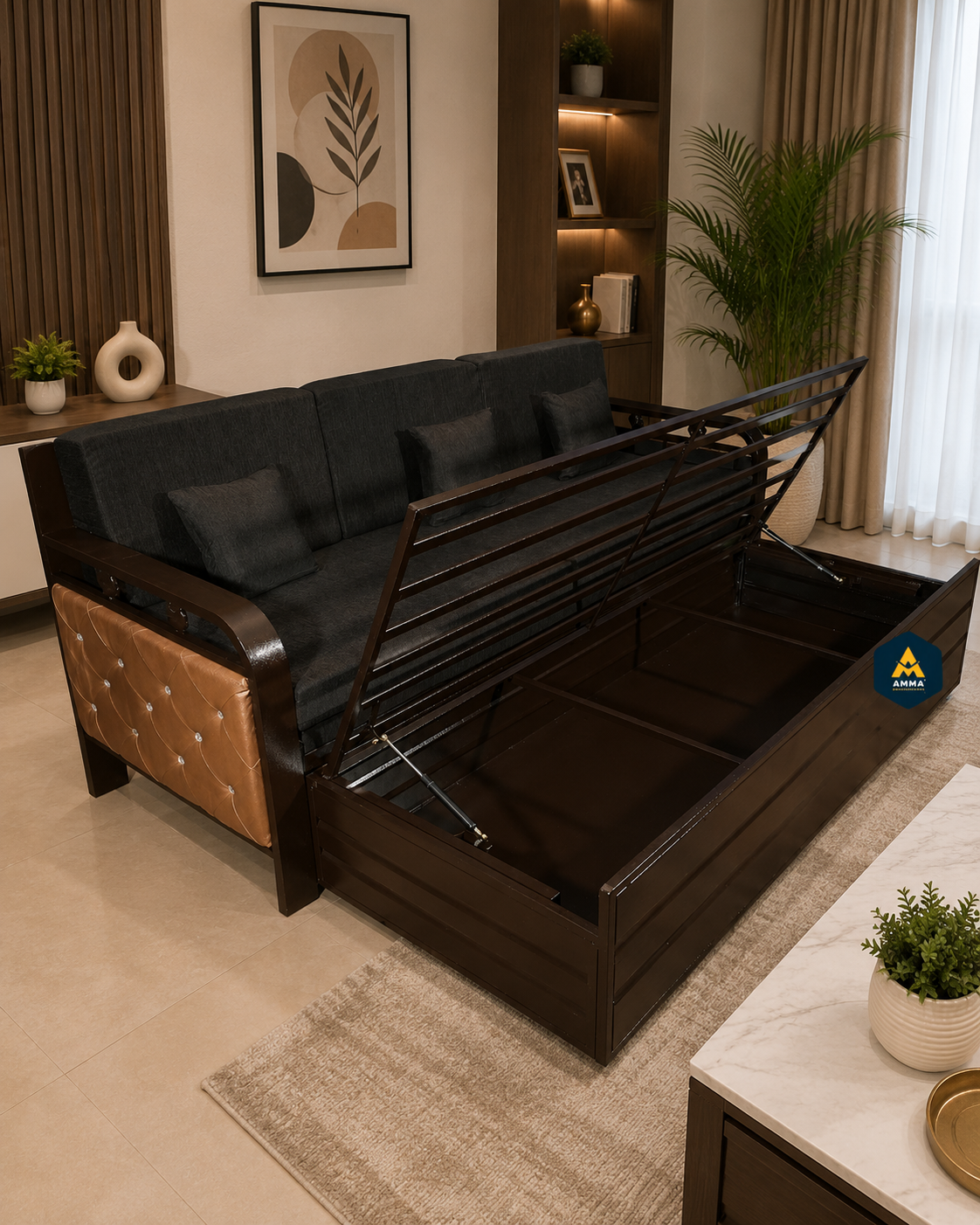 Metal Sofa Cumbed With Hydraulic Storage | Brown Finish | Brown Mattress - Image 3
