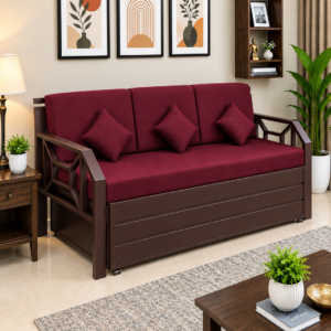 Metal Sofa Cum Bed with Hydraulic Storage | Brown Finish | Red Mattress