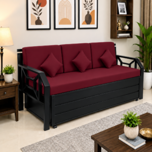 Metal Sofa Cum Bed with Hydraulic Storage | Black Finish | Red Mattress